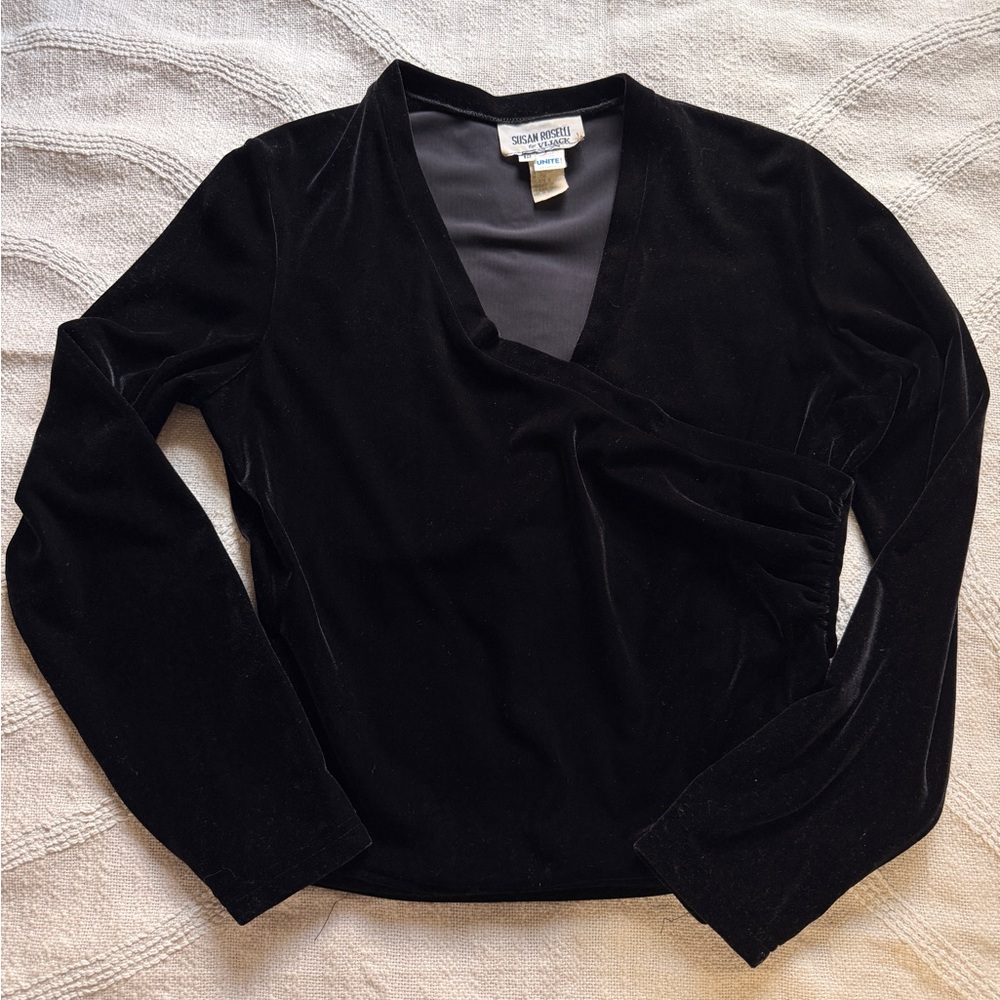 Vintage Black Long Sleeve Faux Wrap Velvet Elegant Top